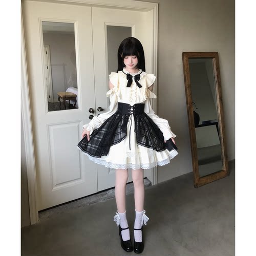 啦啦酱 黑巧香槟 黑白色系露肩千金风长袖连衣裙清楚系短裙套装 - 图3