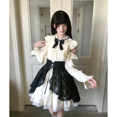 啦啦酱 黑巧香槟 黑白色系露肩千金风长袖连衣裙清楚系短裙套装 - 图2