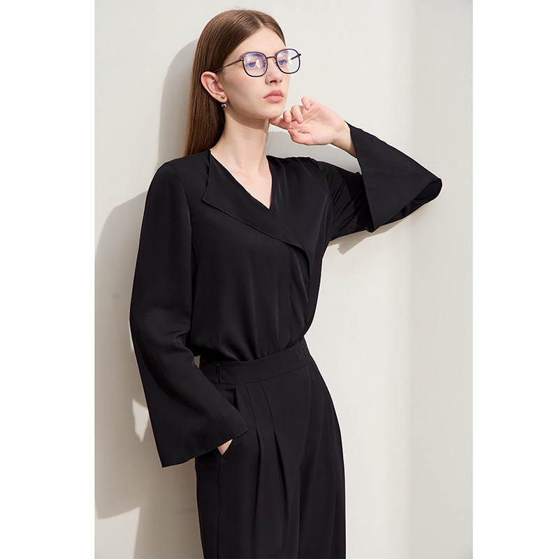 Amii2025夏新款不对称领V领荷叶边19姆米真丝上衣女桑蚕丝衬衫