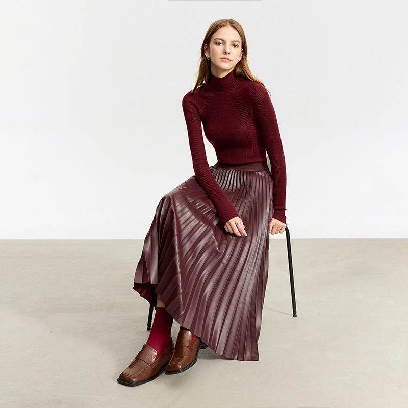Amii复古半身裙女2025冬新款美拉德穿搭A字裙风琴百褶PU简约皮裙 - 图3