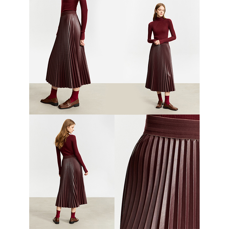 Amii复古半身裙女2025冬新款美拉德穿搭A字裙风琴百褶PU简约皮裙 - 图1