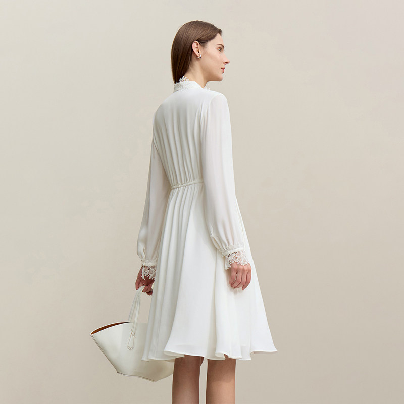 Amii2026春新款优雅浪漫法式风拼蕾丝绑带连衣裙女橡筋收腰雪纺裙,淘宝优惠券,粉丝福利购,淘宝优惠卷