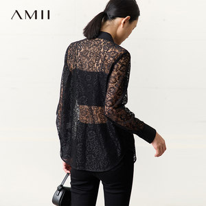 Amii衬衣2024年新款夏季宽松镂空钩花蕾丝透视防晒衬衫女上衣时髦