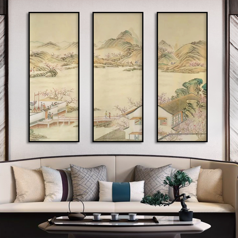 手绘中式客联厅装饰画WHL三竖版新发背景墙中国风沙茶室禅意山水 - 图0