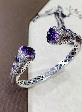 小众心形雕花镂空复古风开口手镯