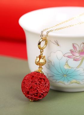 雕花朱砂925纯银吊坠项坠