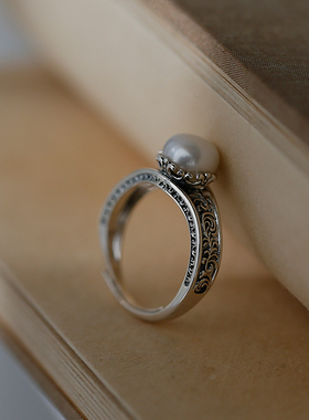 女925纯银文艺复古淡水珍珠戒指