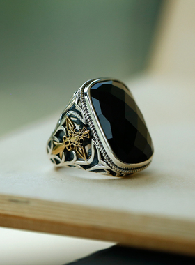 复古男925纯银开口戒指黑玛瑙