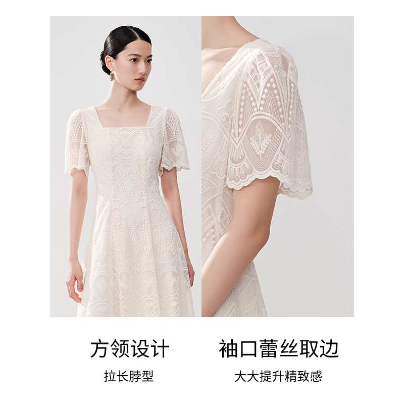 衣香丽影重工蕾丝连衣裙女2024年夏季新款高端精致白色方领长裙子