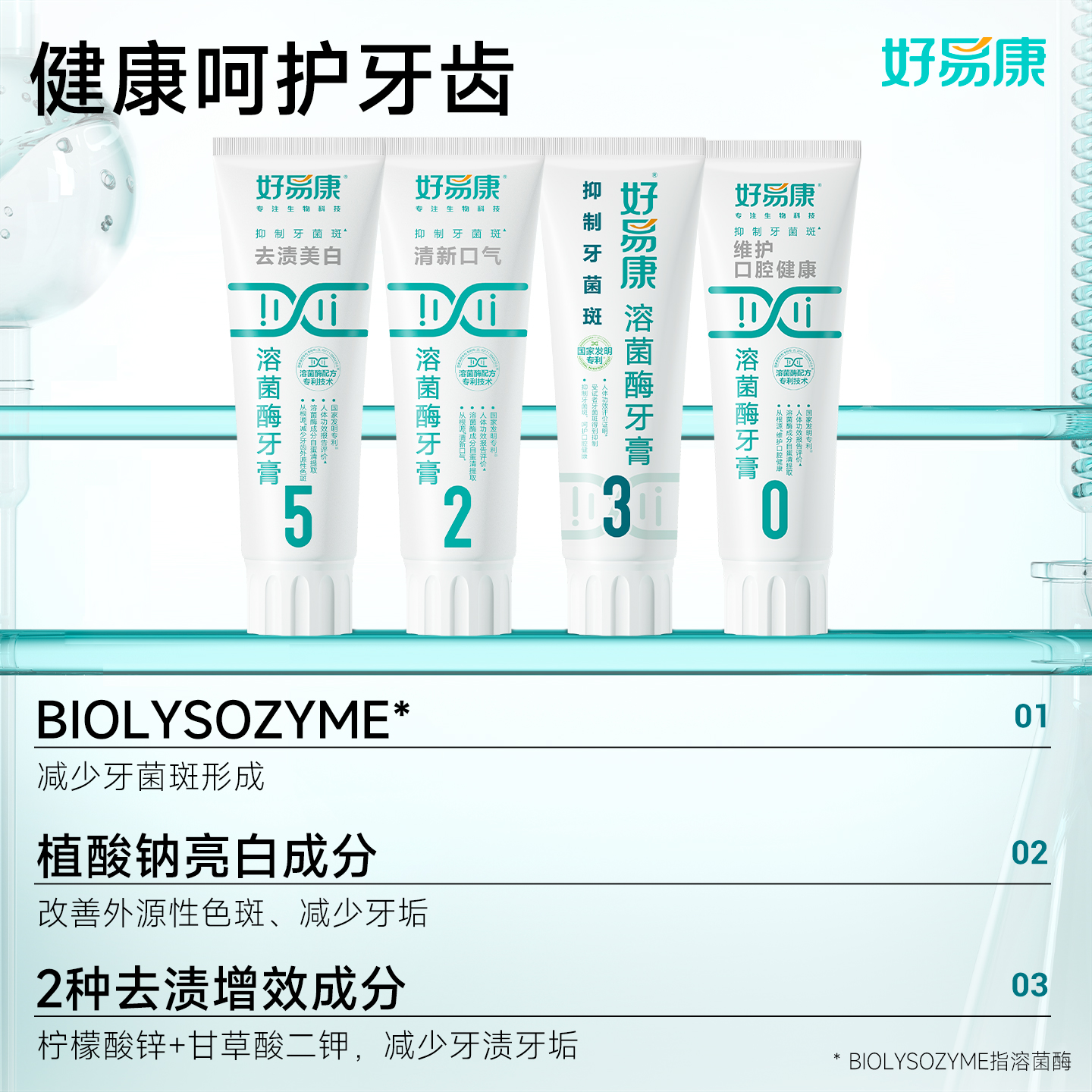 好易康溶菌酶牙膏亮白牙齿清新口气去黄护龈减轻异味口臭大家庭装