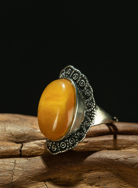 天然欧洲进口〓波兰纯银镶嵌暴力鸡油黄蜜蜡戒指指环藏饰品收藏品