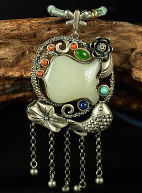 S925镶和田白玉盾牌吊坠