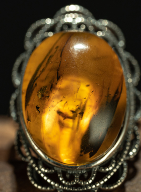 文玩精品〓天然原矿波兰原镶古董氧化爆花琥珀虫珀灵珀银戒手饰品