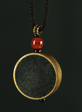 藏传原生态老料藏工铜镶嵌纯黑料嵌铜小圆形挂牌吊坠项链杂项收藏