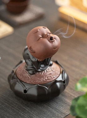 创意小和尚香炉陶瓷可爱小沙弥莲花盘香炉禅意茶室桌面香薰炉摆件