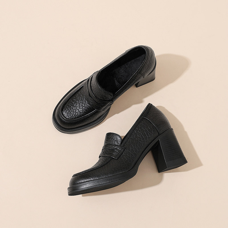 新款英伦风圆头高跟鞋舒适粗跟百搭加绒深口单鞋羊皮小皮鞋真皮女,淘宝优惠券,粉丝福利购,淘宝优惠卷