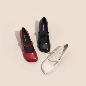 设计感芒果头一字扣带玛丽珍鞋细跟高跟鞋女士浅口单鞋百搭真皮鞋