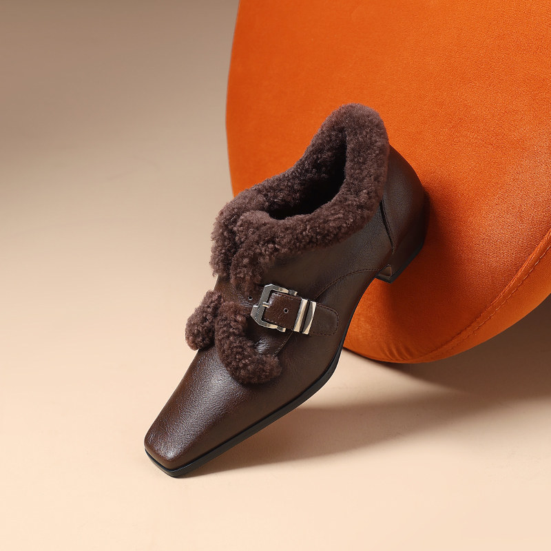 时尚百搭低跟小皮鞋舒适加绒保暖羊羔毛毛鞋真皮女鞋方头深口单鞋,淘宝优惠券,粉丝福利购,淘宝优惠卷