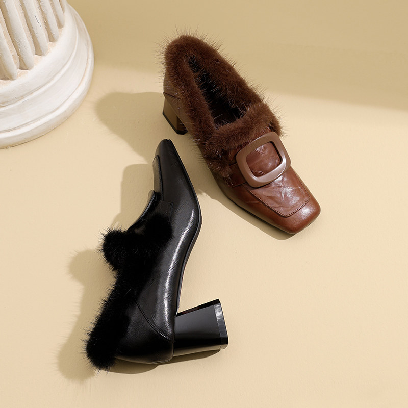 秋冬季新款方头一脚蹬小皮鞋洋气貂毛毛鞋加绒高跟粗跟深口单鞋女,淘宝优惠券,粉丝福利购,淘宝优惠卷