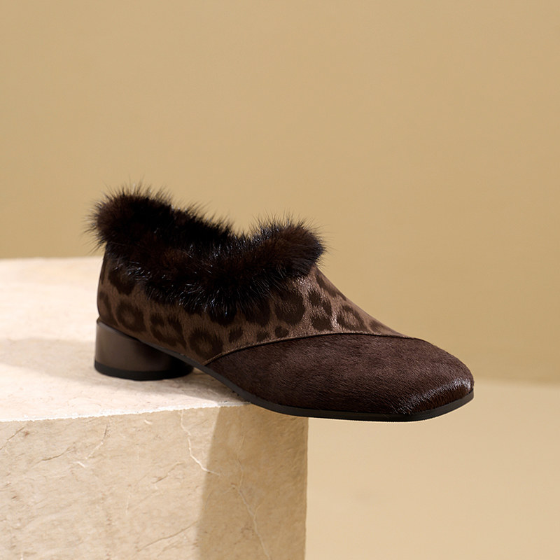 复古秋冬新款粗跟貂毛毛鞋豹纹马毛拼接小皮鞋加绒保暖深口单鞋女,淘宝优惠券,粉丝福利购,淘宝优惠卷