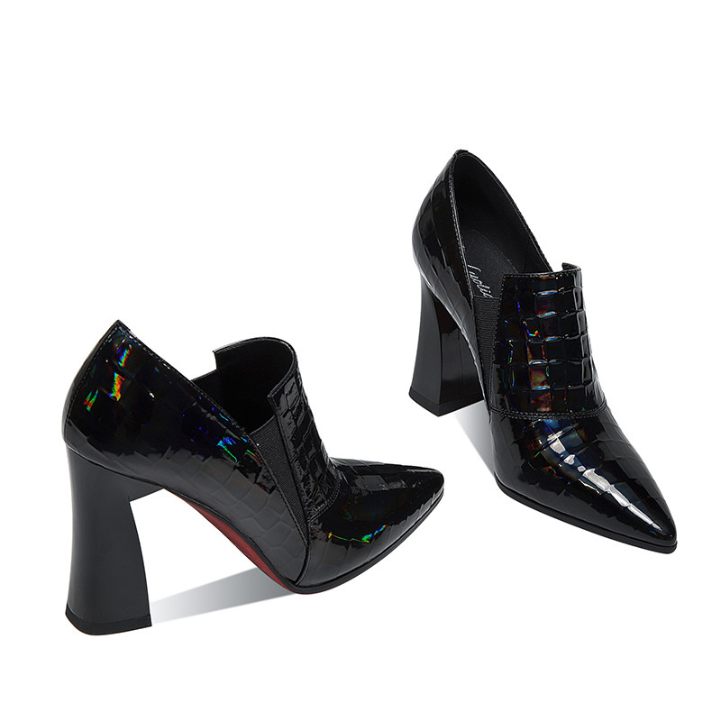 2024年春季新款一脚蹬深口单鞋女百搭黑色漆皮法式尖头粗跟高跟鞋,淘宝优惠券,粉丝福利购,淘宝优惠卷