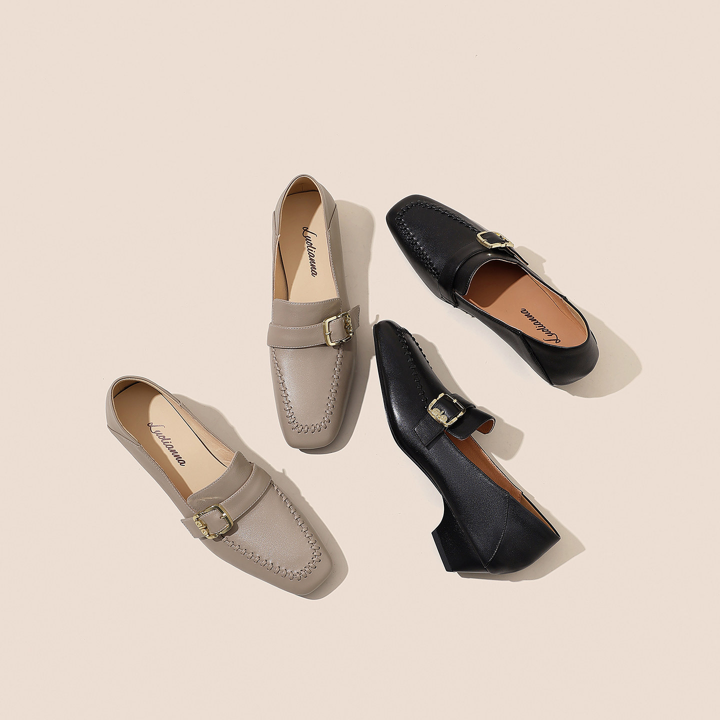 头层牛皮通勤搭扣乐福鞋女复古方头粗跟一脚蹬小皮鞋软底中跟单鞋,淘宝优惠券,粉丝福利购,淘宝优惠卷