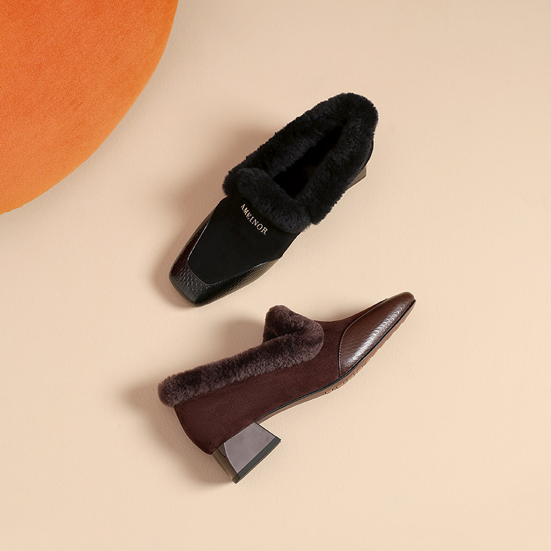 英伦风秋冬羊羔毛毛鞋加绒保暖深口单鞋一脚蹬乐福鞋低跟真皮女鞋,淘宝优惠券,粉丝福利购,淘宝优惠卷