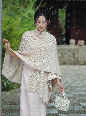 2025春季新款羊毛女披肩镂空钩花披风外套围巾两用斗篷配旗袍外搭