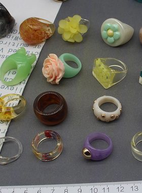 Y单出口欧美个性树脂亚克力材质花干花钻气质多戒指首饰合集 独款