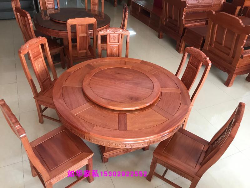 进口红木菠萝格餐台 1.28米格木吃饭桌椅木圆形餐饭台1+6 - 图2