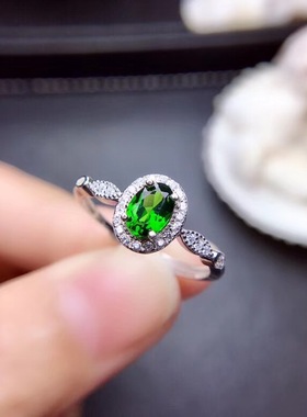 天然透辉石戒指女S925银时尚个性简约祖母绿宝石指环韩版生日礼物