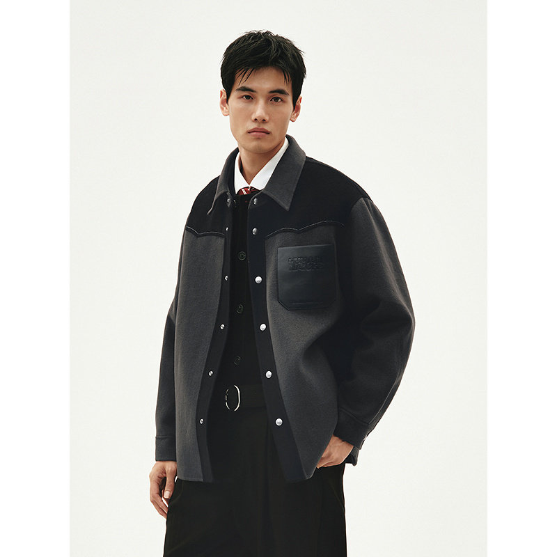 GXG男装 深灰色pu皮口袋拼接短款毛呢羊毛大衣外套 秋冬热销