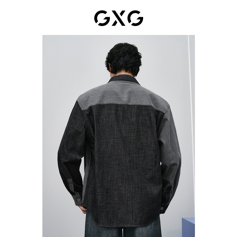 GXG男装 黑灰水洗撞色简约宽松时尚长袖牛仔衬衫外套 24春季新品