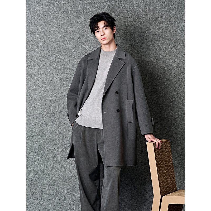GXG男装 定织羊毛混纺平驳领经典双排扣中长款毛呢大衣 秋冬热销