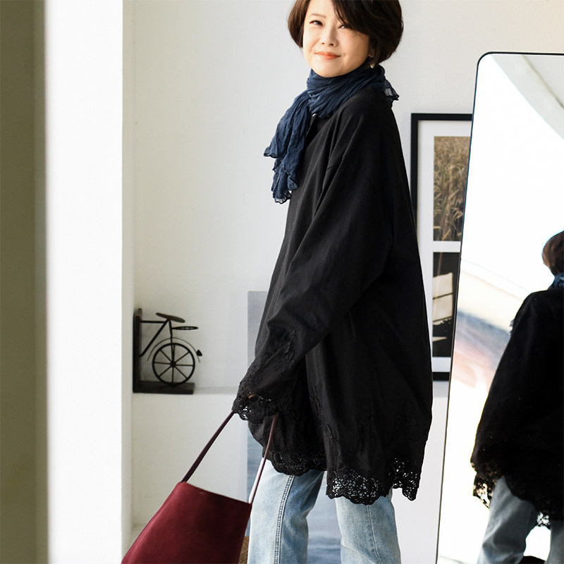 包邮T79011 文艺休闲清新圆领长袖中长款钩花蕾丝边打底T恤女秋冬,淘宝优惠券,粉丝福利购,淘宝优惠卷