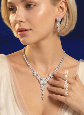 复古花朵微镶锆石项链耳环两件套