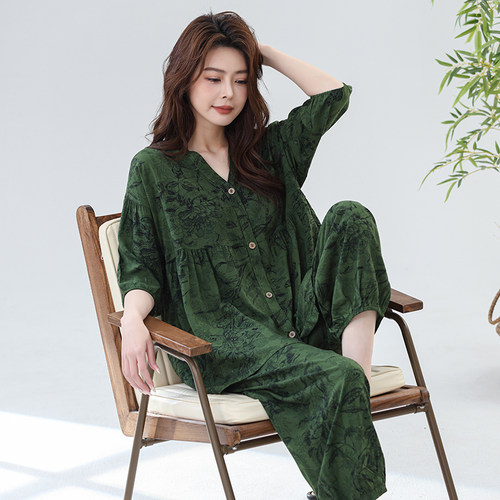 妈妈棉绸睡衣女中老年人造棉夏季绵绸七分袖套装两件套家居服加大 - 图3