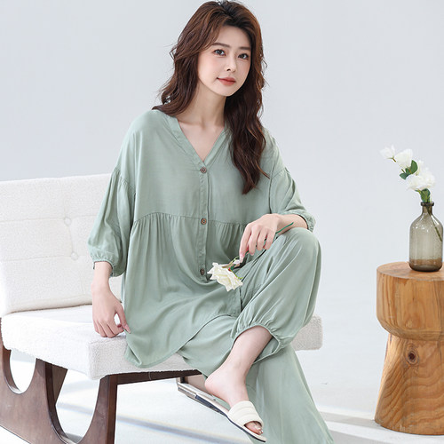 妈妈棉绸睡衣女中老年人造棉夏季绵绸七分袖套装两件套家居服加大 - 图0