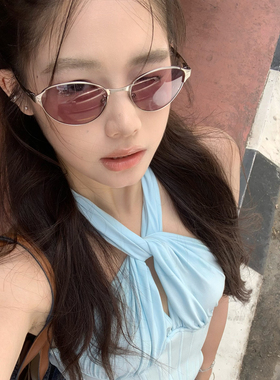 MELIYA复古金属老钱风猫眼紫色墨镜女潮显脸小网红高级感太阳镜男