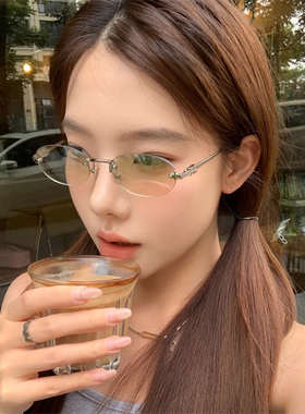 MELIYA刘浩存同款无框眼镜女老钱风椭圆高级感金属太阳镜墨镜近视