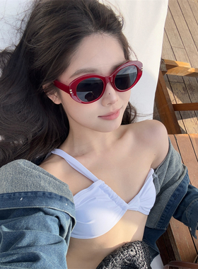 MELIYA度假风猫眼太阳眼镜韩版高级感百搭防紫外线复古红色墨镜女