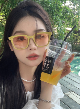 方形墨镜女夏季渐变黄色框半透色