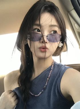 MELIYA中古蓝色墨镜无边窄框时髦高级感jennie同款太阳眼镜方形酷