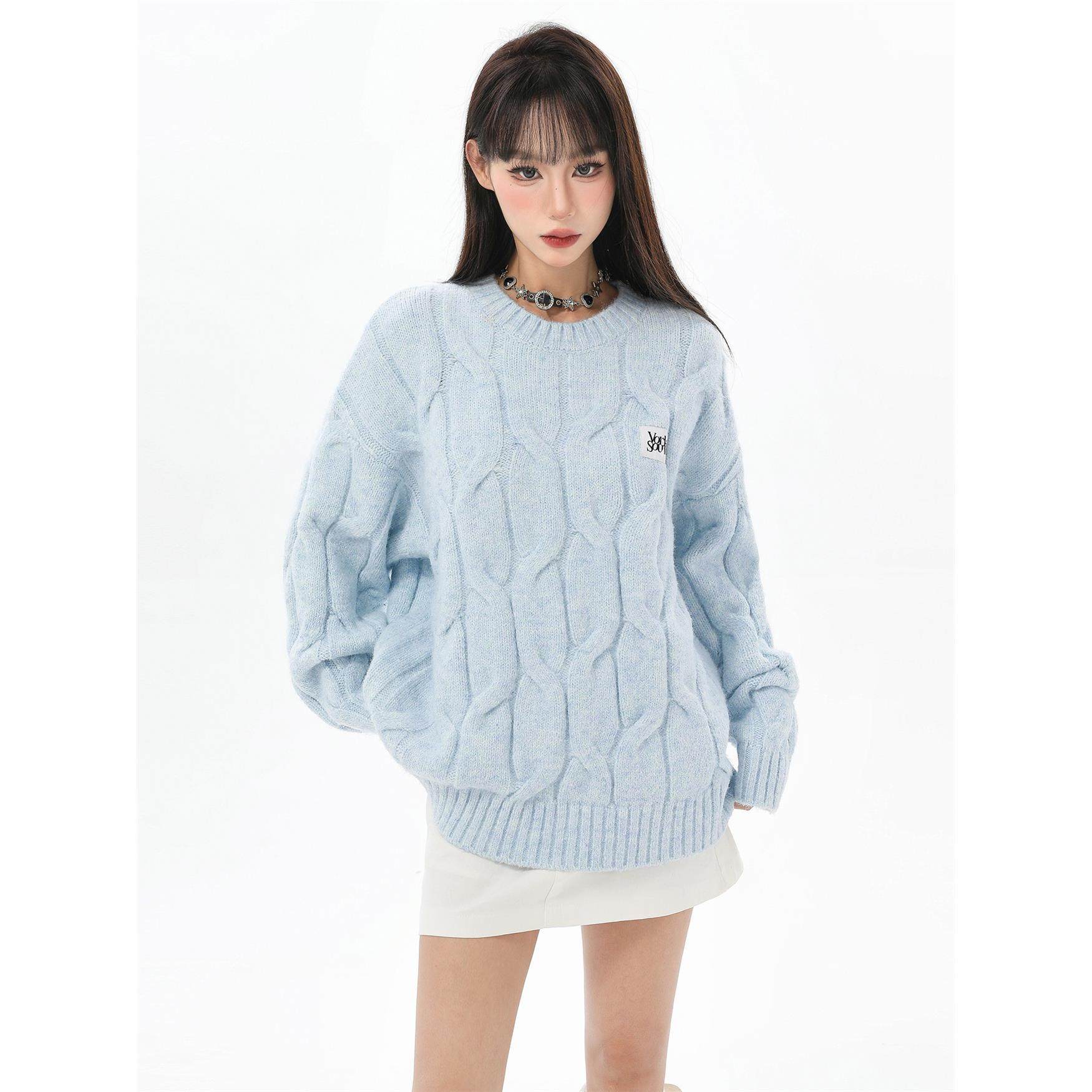 蓝色麻花针织毛衣女冬季穿搭软糯慵懒加厚正肩内搭针织衫上衣秋冬,淘宝优惠券,粉丝福利购,淘宝优惠卷