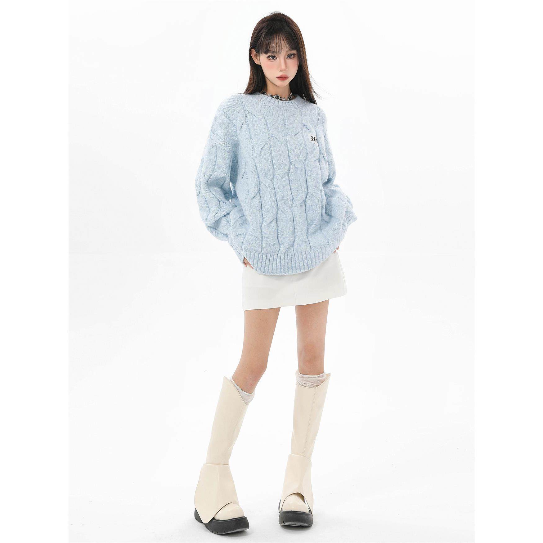 蓝色麻花针织毛衣女冬季穿搭软糯慵懒加厚正肩内搭针织衫上衣秋冬,淘宝优惠券,粉丝福利购,淘宝优惠卷