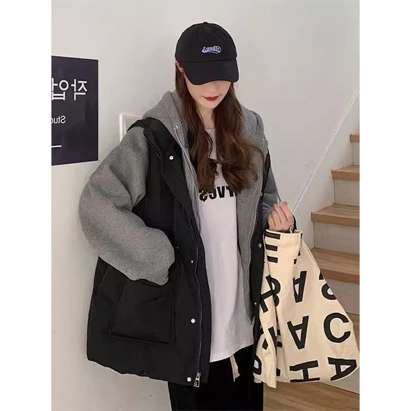 大尺码女装假两件连帽铺棉外套女春秋新款胖mm时尚撞色显瘦棉衣外,淘宝优惠券,粉丝福利购,淘宝优惠卷