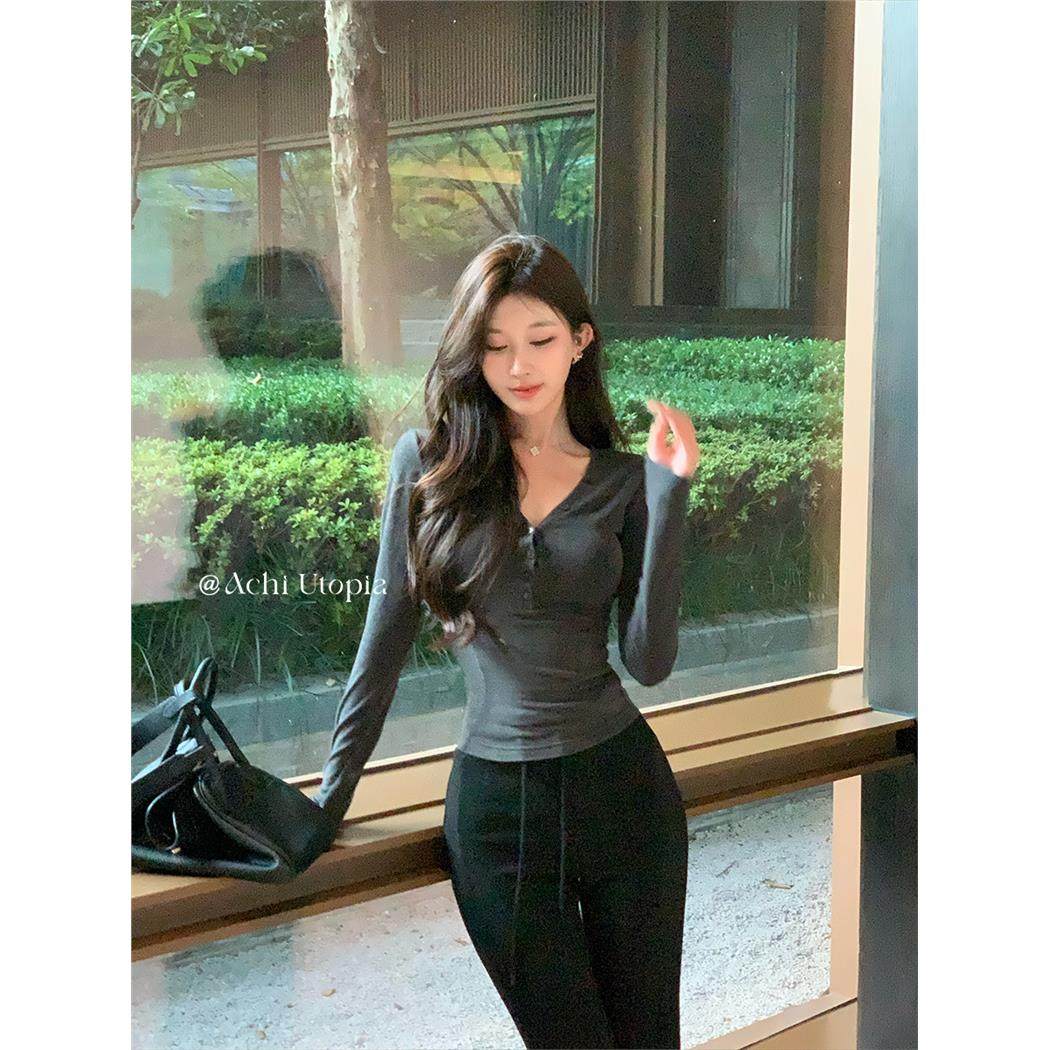 ACHI大也池灰色v领针织打底衫女基础百塔显瘦长袖t恤修身内搭上衣,淘宝优惠券,粉丝福利购,淘宝优惠卷