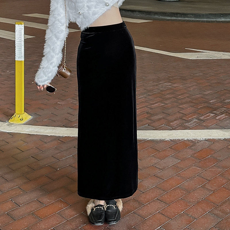 金丝绒半身裙女黑色长裙2025新款秋冬季高腰显瘦垂感开 叉直筒裙,淘宝优惠券,粉丝福利购,淘宝优惠卷