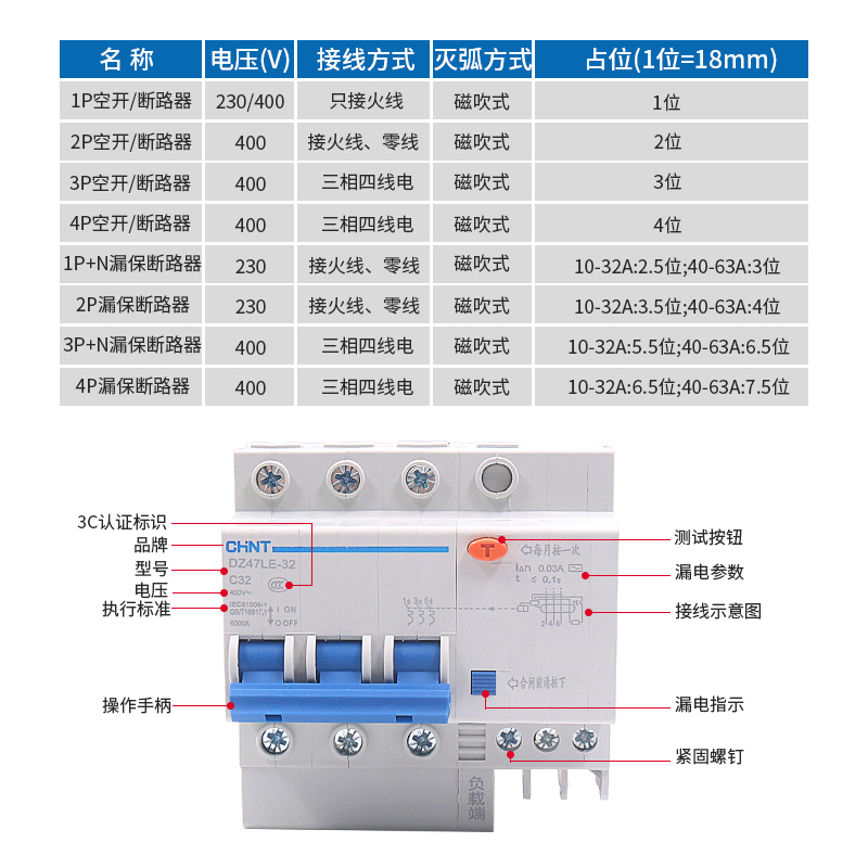 正泰家用漏电保护器空气开关带断路器DZ47LE 1P2P3P3P漏保4P 60A - 图1