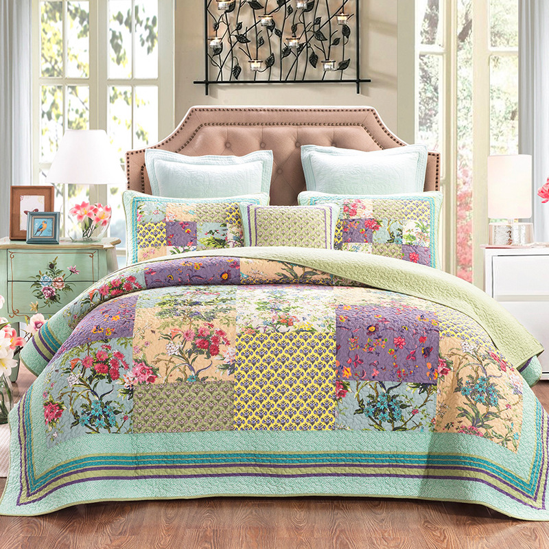 出口美式风格全棉手工拼布绗缝被大气床盖空调被床单装饰被三件套-图1